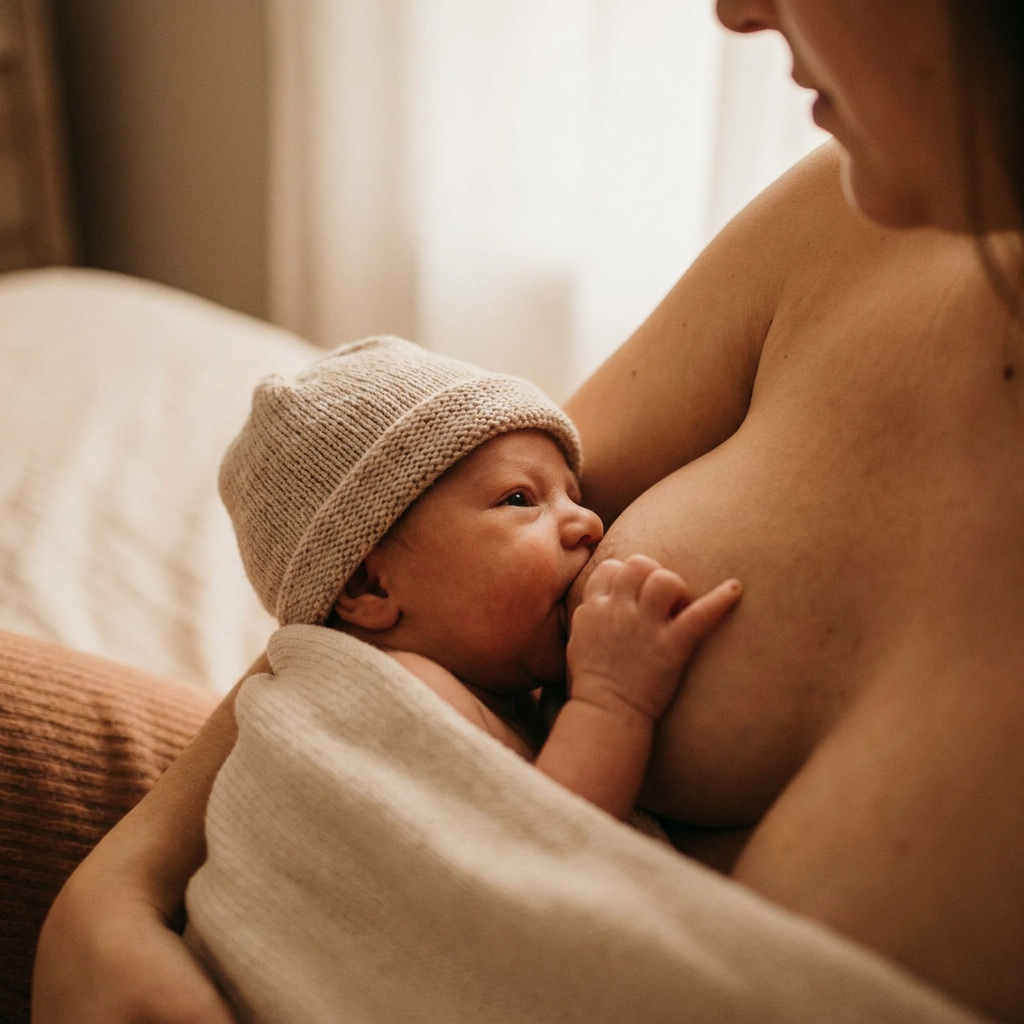 Newborn breastfeeding while held by a parent in warm indoor light