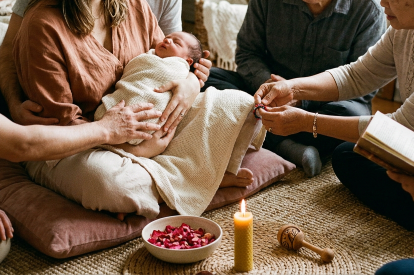 Multigenerational Newborn Welcoming Ceremony Family gathered around a newborn during a welcoming ceremony